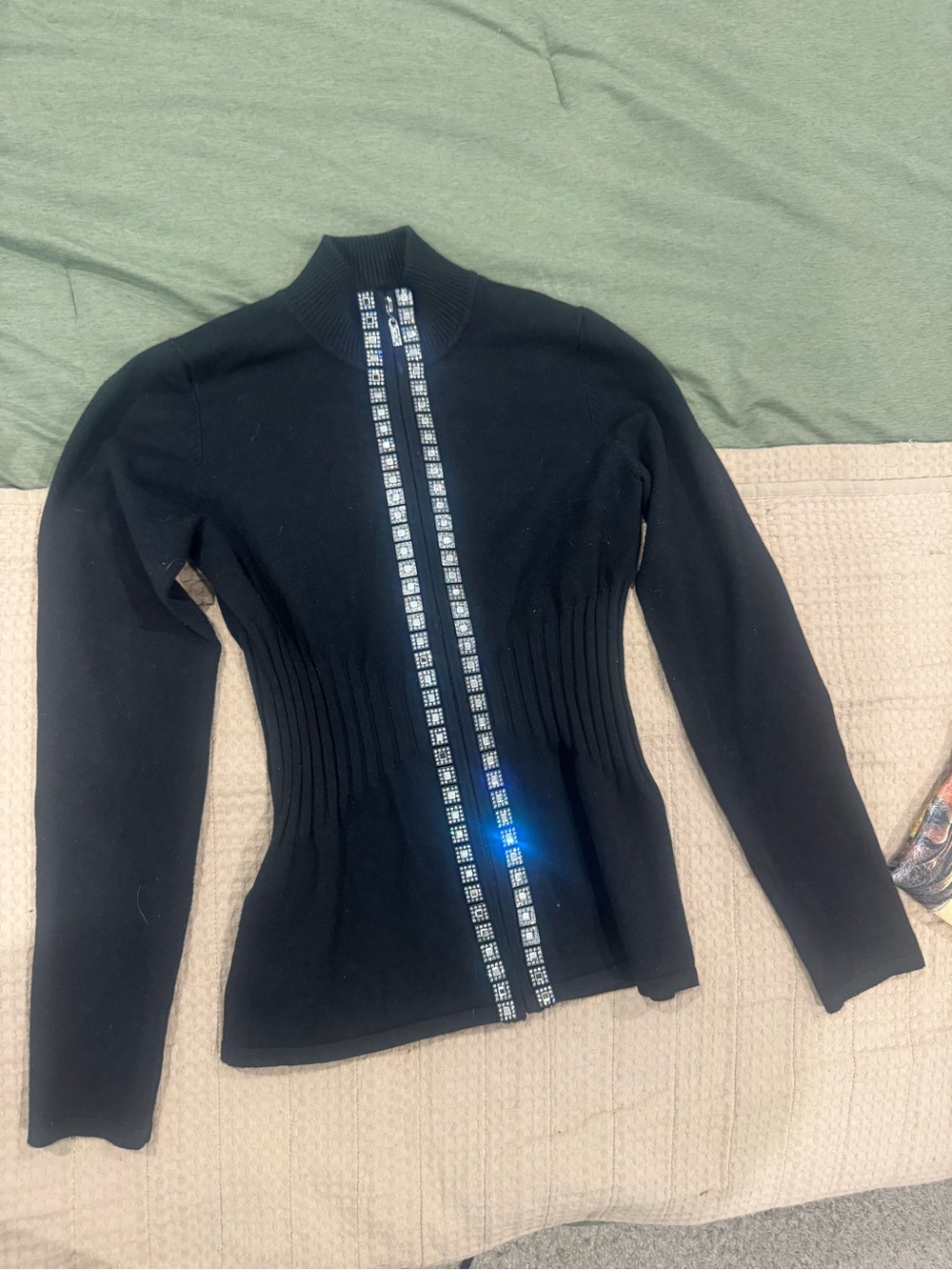 Elle Black Mock Neck Long Sleeve Top with Rhinestone Trim